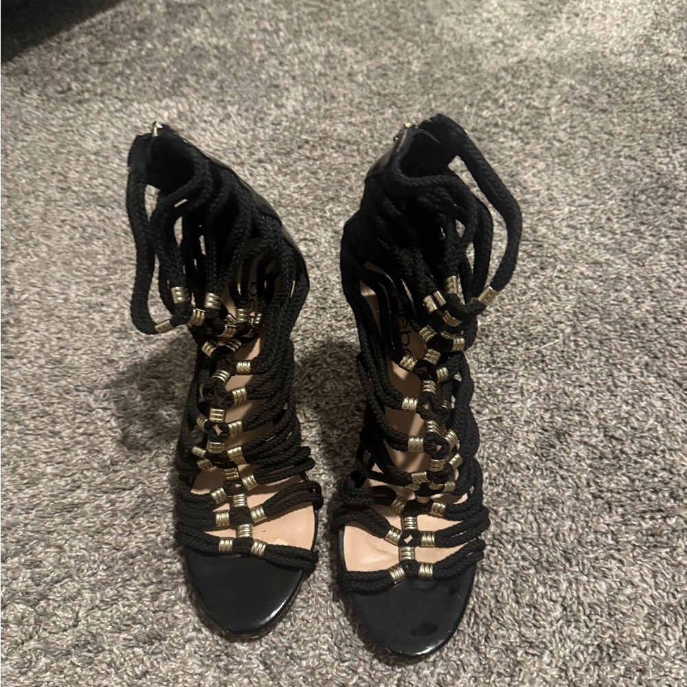 BCBG Black and Gold Strappy Heels
